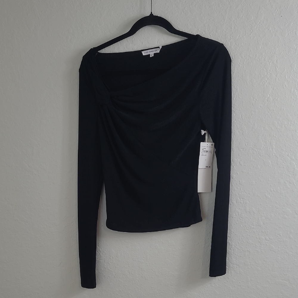 Good American  Black Draped Long Sleeve Top Size 0  Ptp 16 Sleeve 27 Lenght 21